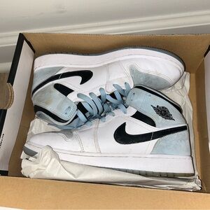 Nike Air Jordan 1 Mid White and Light Blue Sneakers